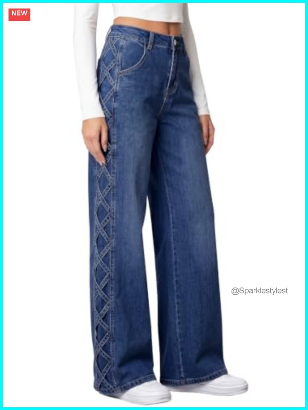 High Waisted Crisscross Strap Wide Leg Jeans Stretchy Denim Pants